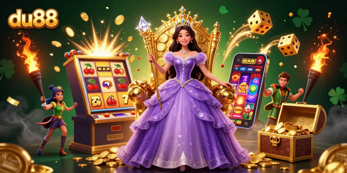 Experience the vibrant world of du88 with a stunning 3D casino illustration featuring games and golden elements.