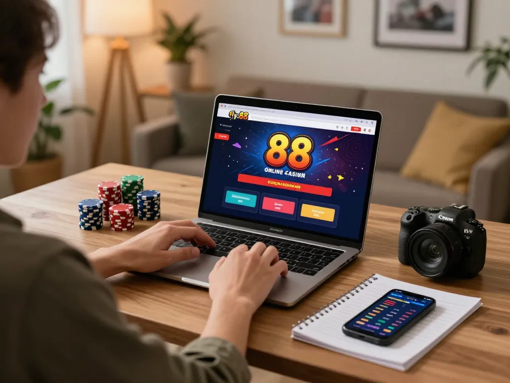 Engaging with fly 88 online casino on a laptop, illustrating a fun gaming experience.
