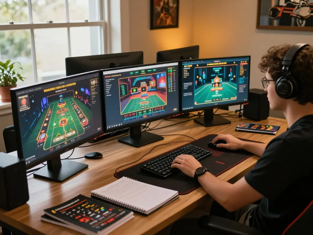 Engaged player strategizing at home with professional online casino setup showcasing Nhà cái uy tín.