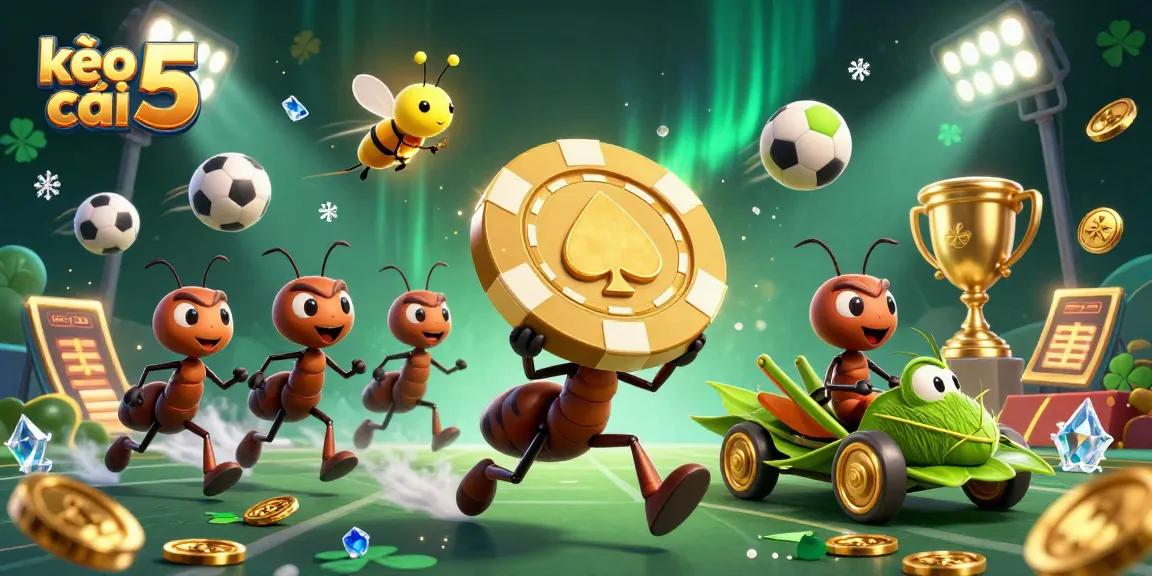Engage with kèo nhà cái 5 through a dynamic heist illustration featuring a team of ants and betting elements.