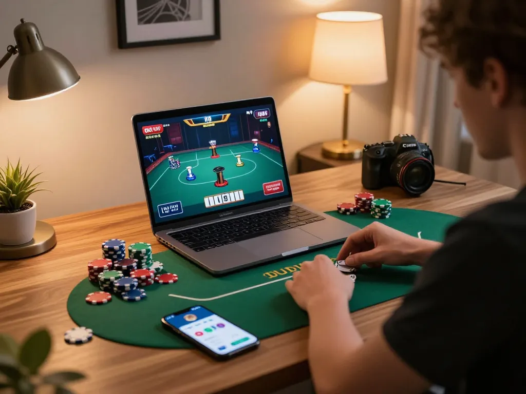 uu88 player strategizing during an online poker game, showcasing focused gameplay and home comfort.