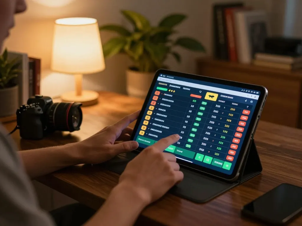 ee88 player placing strategic bets on a tablet in a cozy living room setting