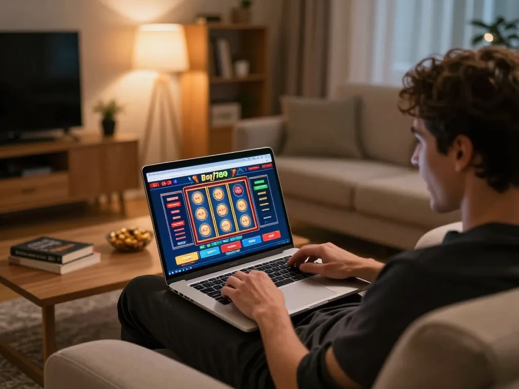 Player enjoying slots on Bay789 while relaxing at home, showcasing an immersive gambling experience.