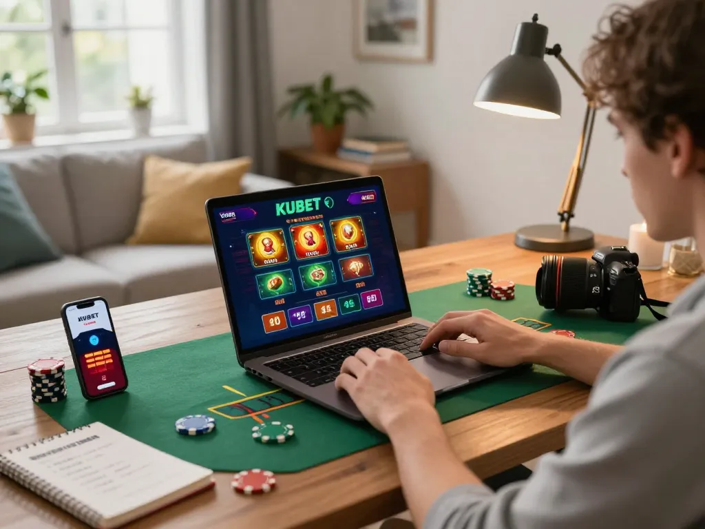 Engaging in KUBET online casino gaming from a cozy home setup using a laptop and mobile app.