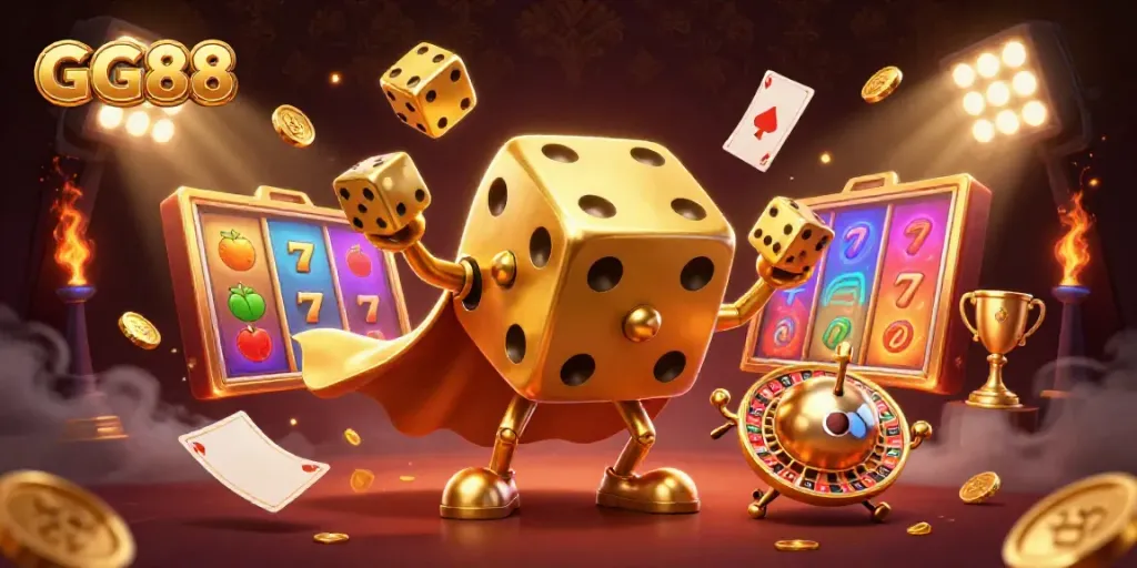 Engage with GG88's slot game excitement through an enchanting 3D illustration featuring a golden dice golem and vibrant game elements.