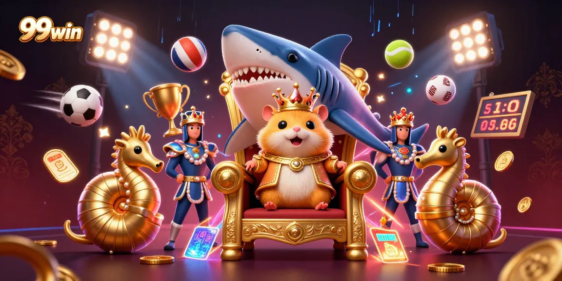 Play exciting games at 99win, where a golden hamster king reigns among sports elements.