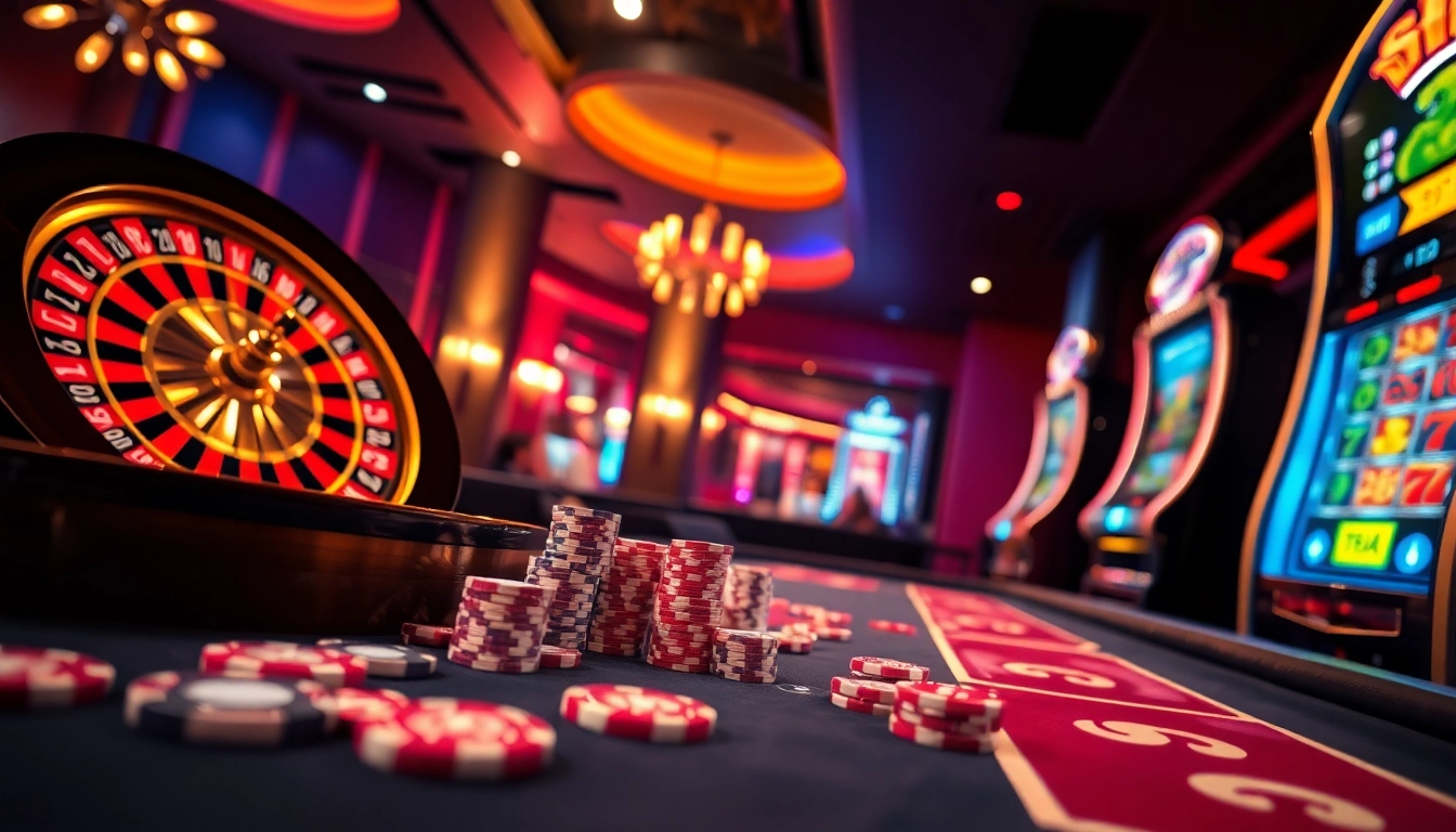 Participants celebrating big wins at SC88COM's vibrant casino atmosphere, showcasing roulette and poker elements.