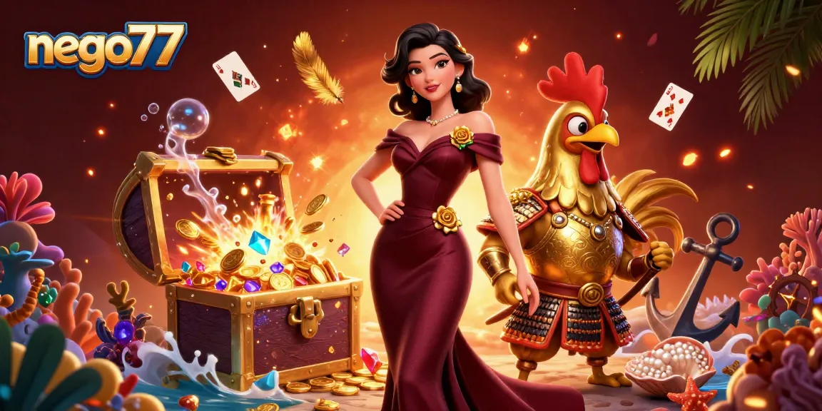 Nego77 offers immersive gaming experiences with vibrant visuals featuring colorful gems and golden treasures.