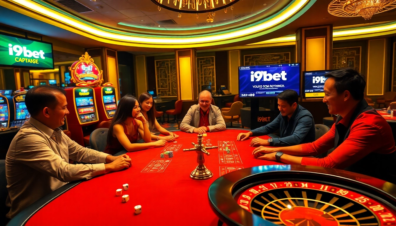 A thrilling poker game at i9bet casino showcases players, chips, and an exciting atmosphere.