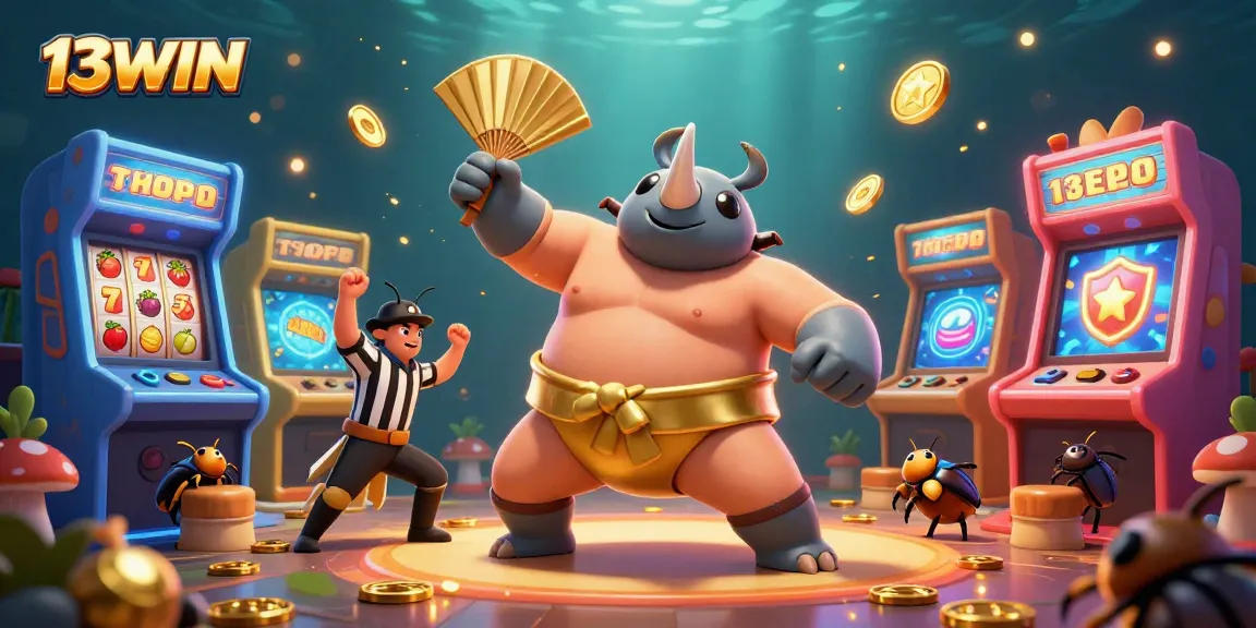 Experience thrilling gambling action with 13WIN as the beetle champion stomps coins in a vibrant casino.