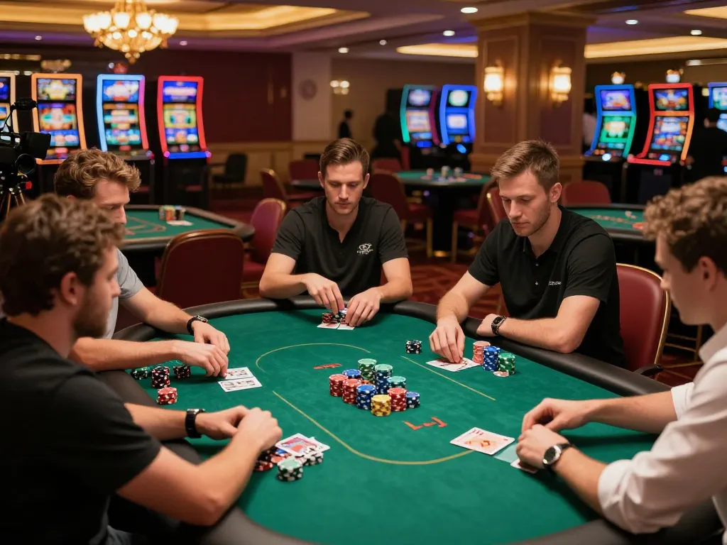 Players strategize in a thrilling poker game at an upscale casino, with sunwin prominently featured in the dynamic action.