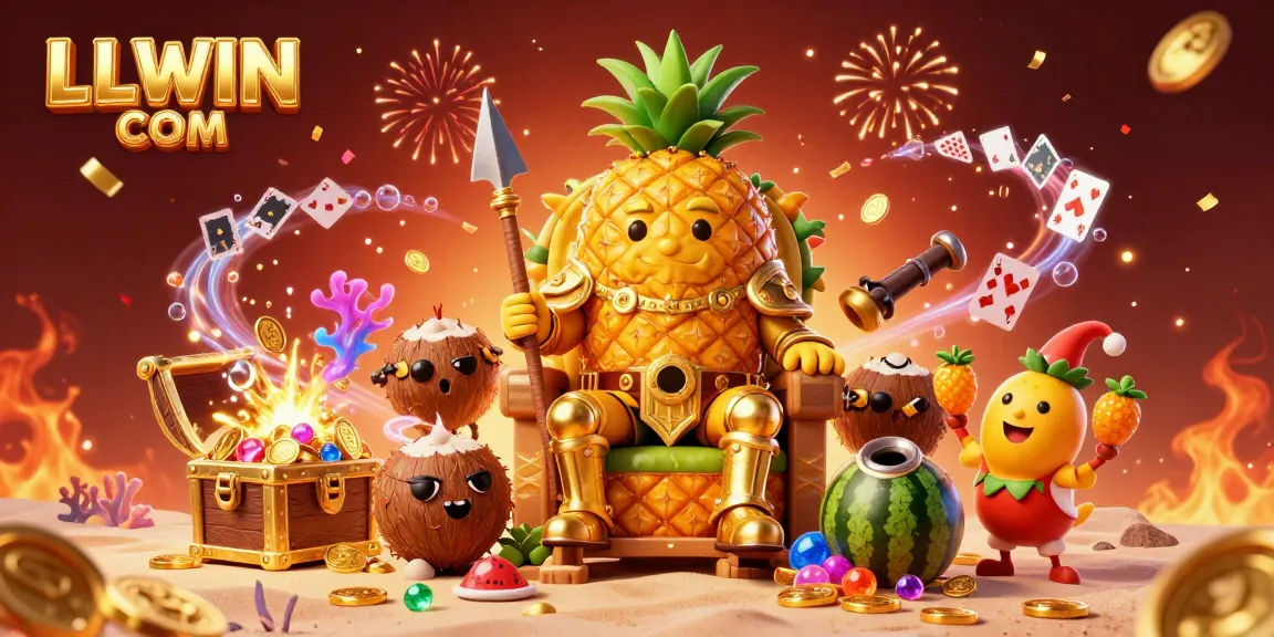 Engage with the vibrant gaming world of LLWIN COM, featuring a golden pineapple king and colorful casino elements.