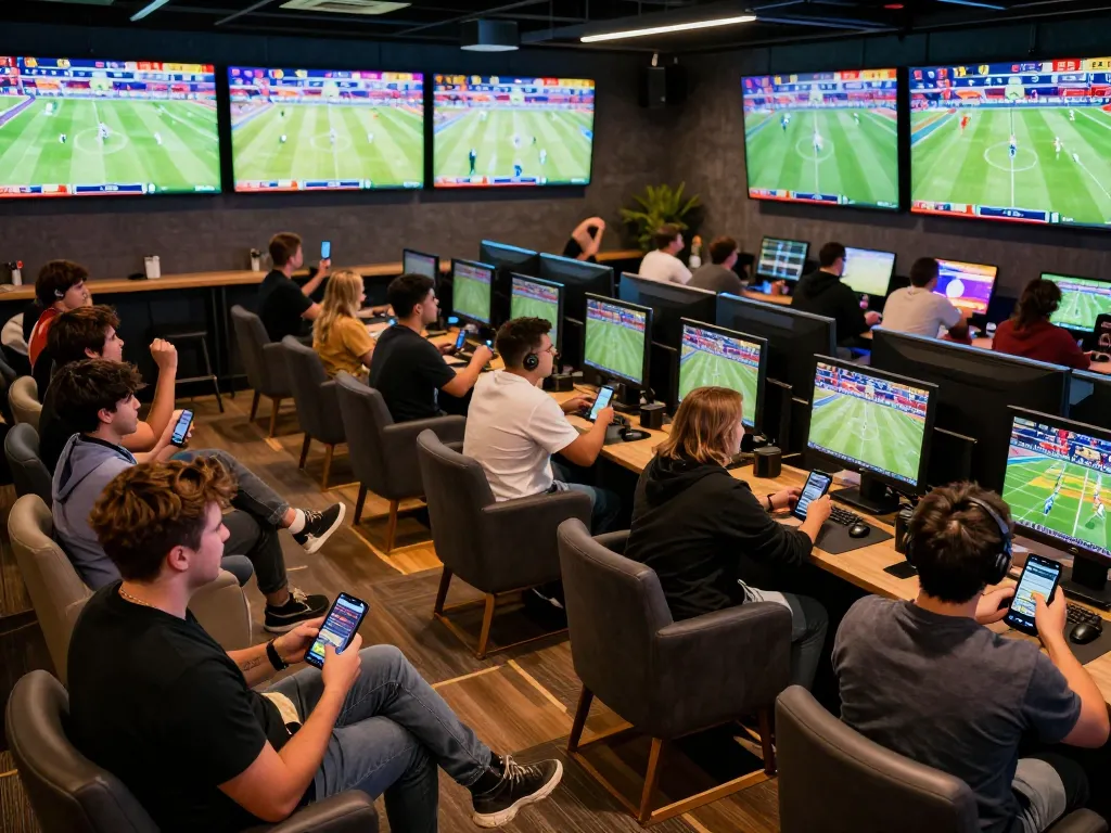 Fans engaging in sports betting at GO8 venue with mobile devices displaying betting odds.