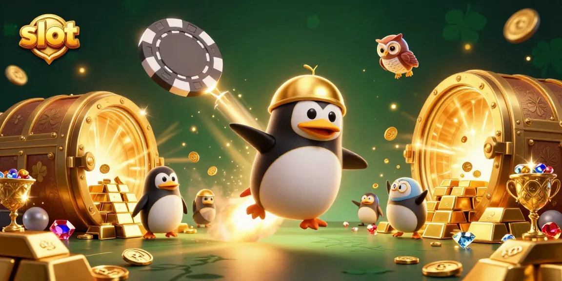 Engage with slot adventures featuring a golden penguin racing towards a casino with giant gems