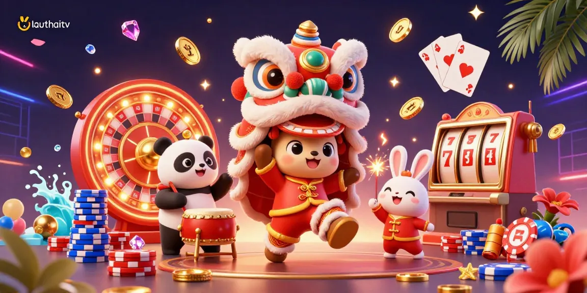 Experience vibrant gaming action with lauthaitv, featuring animated celebrations and casino elements.