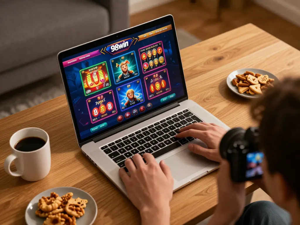 Player exploring 98win's online casino games on a laptop in a cozy home office setting
