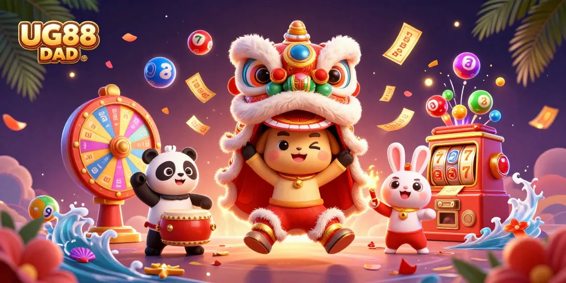 Engage with UG88 DAD lottery dynamics featuring vibrant characters, bouncing lottery balls, and a festive backdrop.