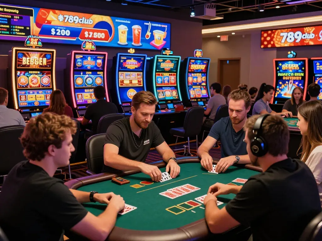 Exciting gaming atmosphere at 789club with players enjoying card games, showcasing vibrant online casino experience.