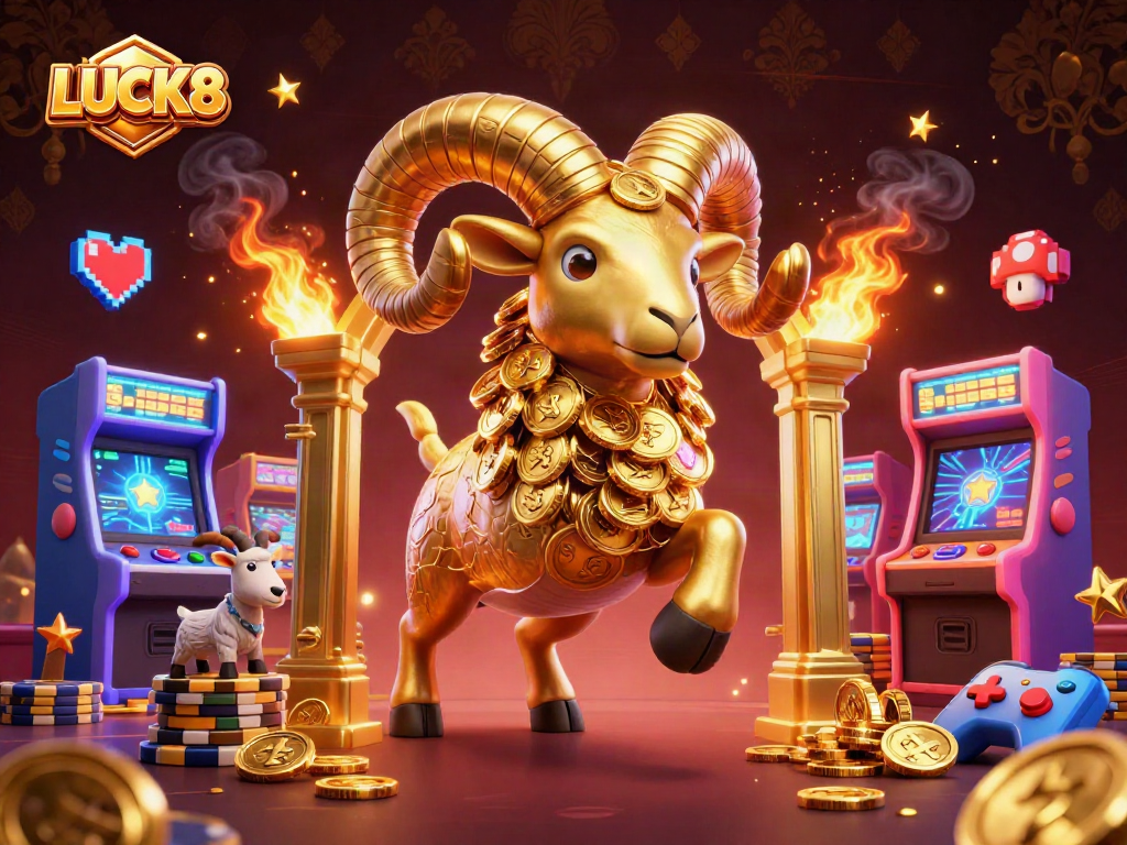 LUCK8 - Bức tranh 3D sống động với hình ảnh một chú ram vàng hùng mạnh trong casino.