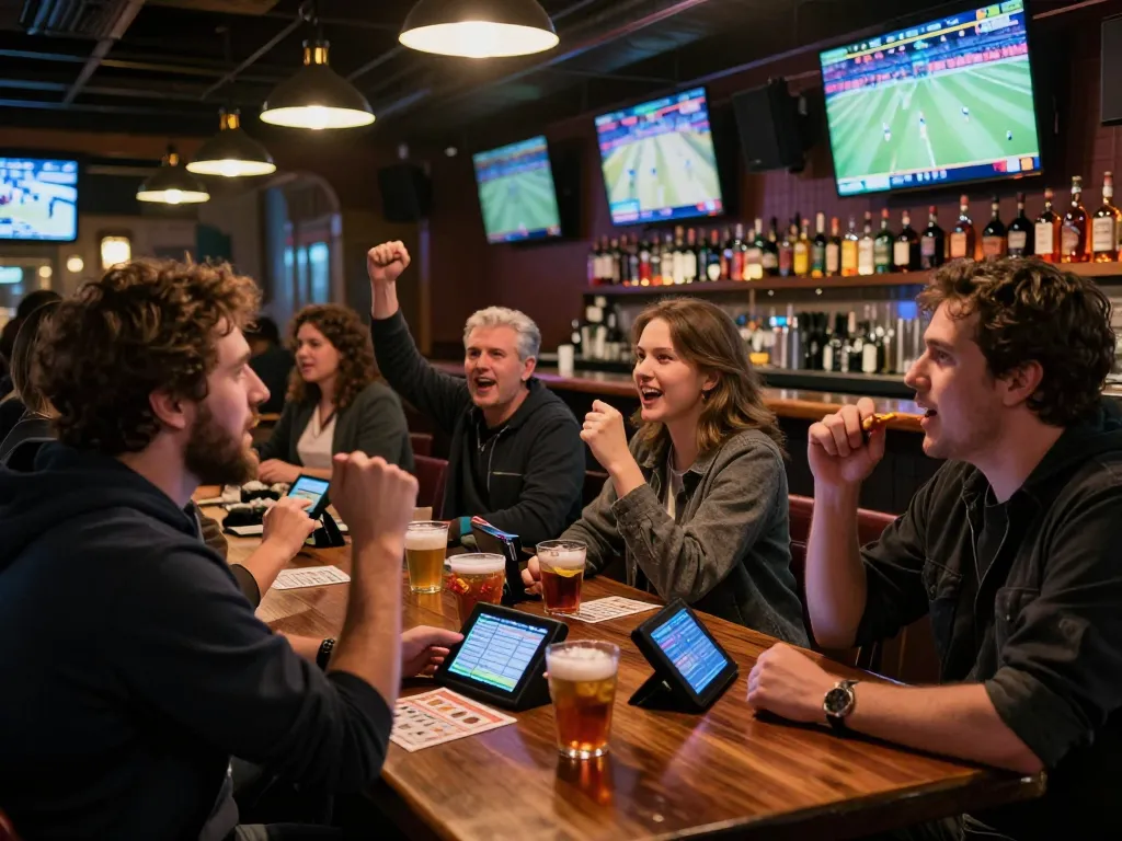 Patrons at a bustling sports bar engaging in live betting and strategic discussions for hitclub events