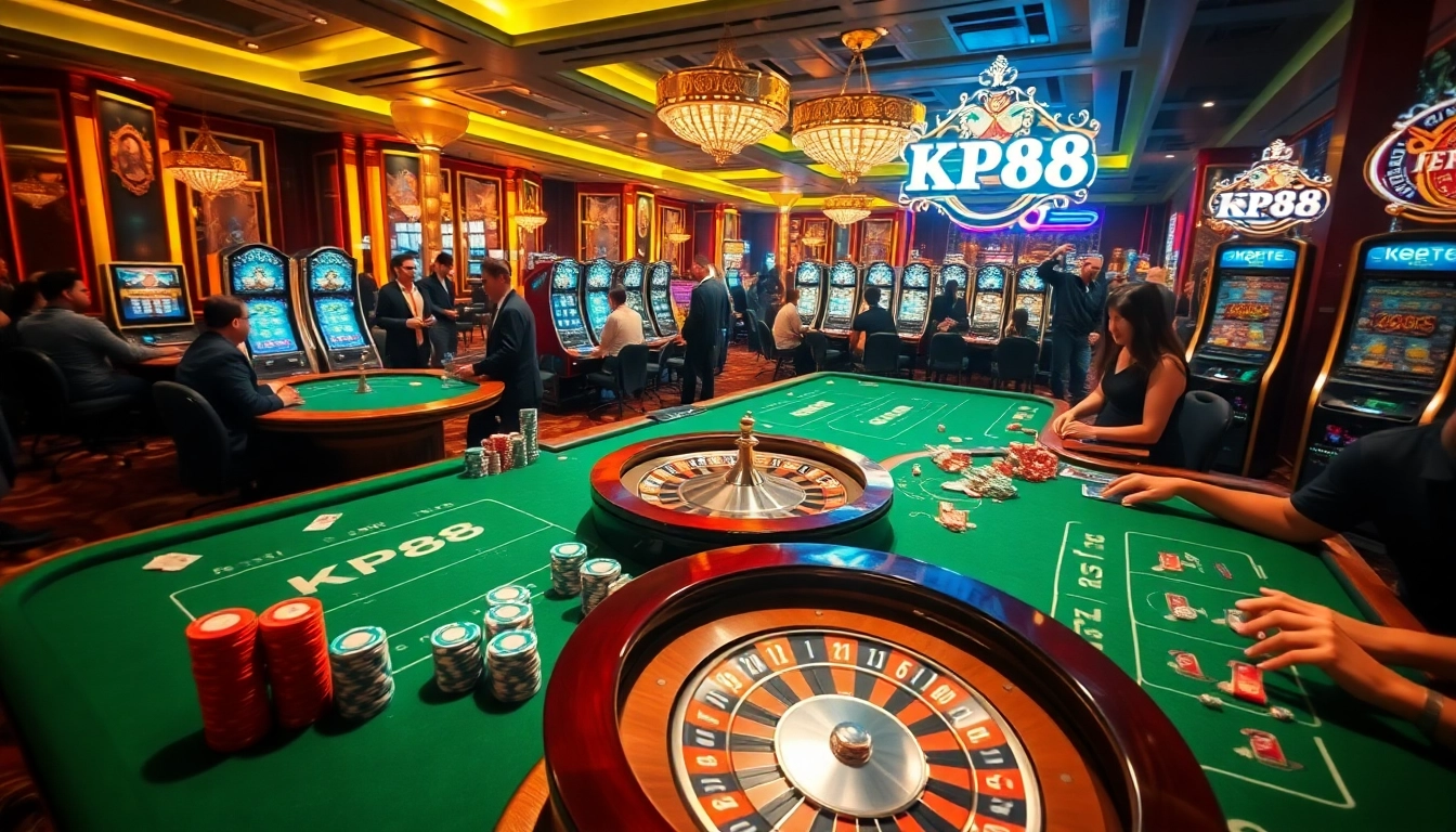 Experience the excitement of KP88 casino with vibrant tables, roulette wheel, and lively players.