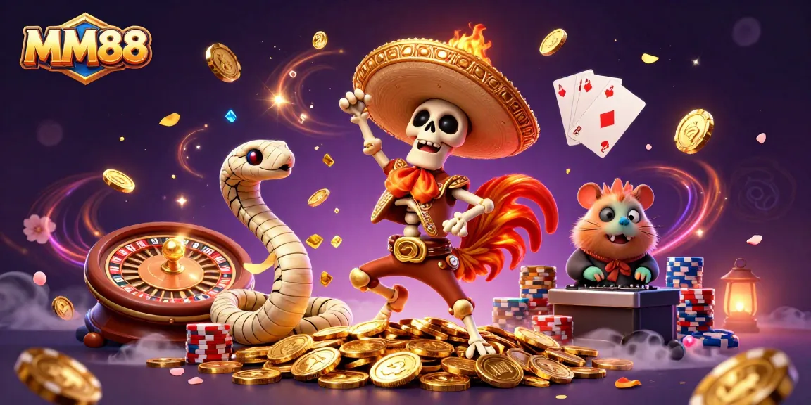 Experience vibrant MM88 gaming excitement with characters celebrating amid shining coins and rich casino elements.