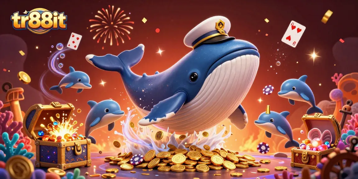Experience thrilling action at tr88it with a whale amid gold coins and playful dolphins in a vibrant casino scene.
