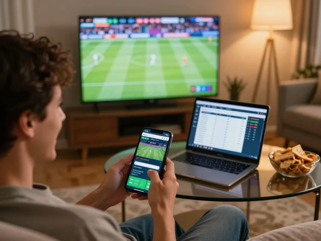 Okwintv user placing live sports bets on their mobile device while enjoying a game at home.