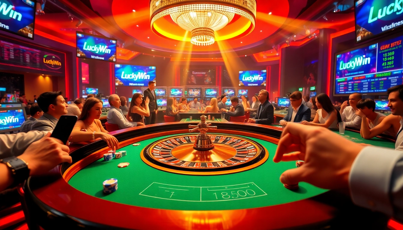 Experience the thrill of gambling at LuckyWin with a vibrant roulette table and dynamic players.
