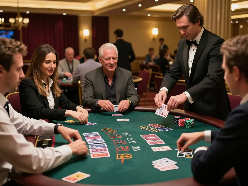 MM88 players engaged in high-stakes blackjack, showcasing focused gameplay and luxurious casino atmosphere