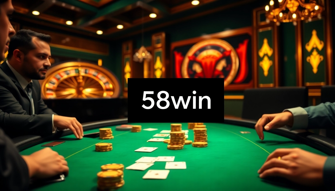 Experience high-stakes gambling at 58win with a luxurious poker table and roulette wheel.