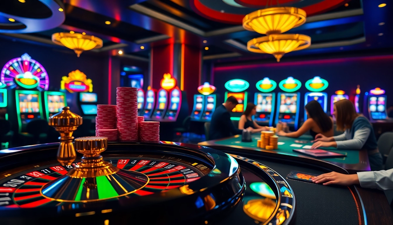 SCLUB88 casino scene showcasing poker players and roulette wheel in a vibrant atmosphere.