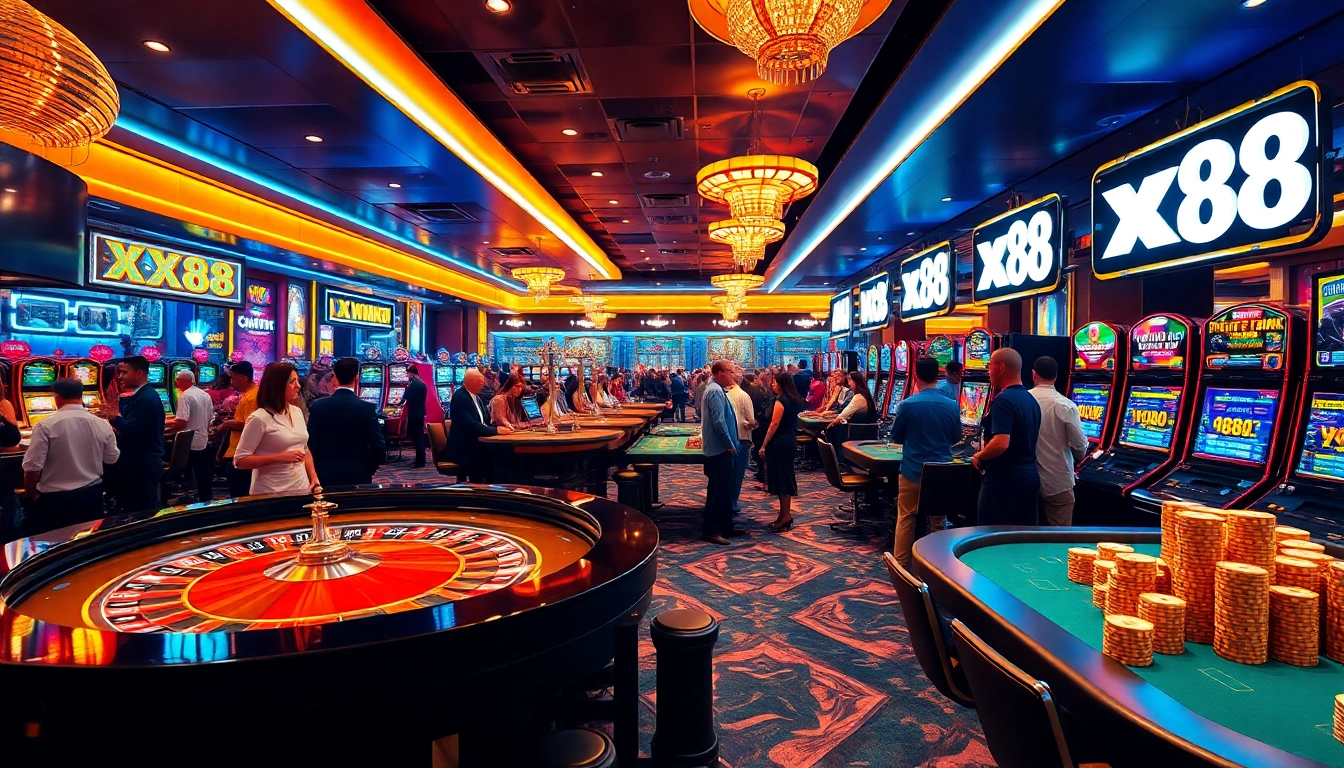 Excited players celebrating wins at an xx88 casino scene with modern gaming tables and vibrant ambiance.