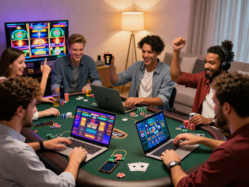 Diverse players engaging with non UK registered casinos in a vibrant home gaming scene, celebrating wins with excitement.