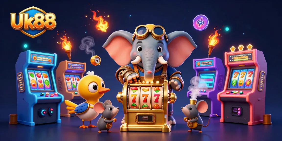 Spin the reels with Uk88's vibrant 3D steampunk elephant engineer at the golden slot machine.