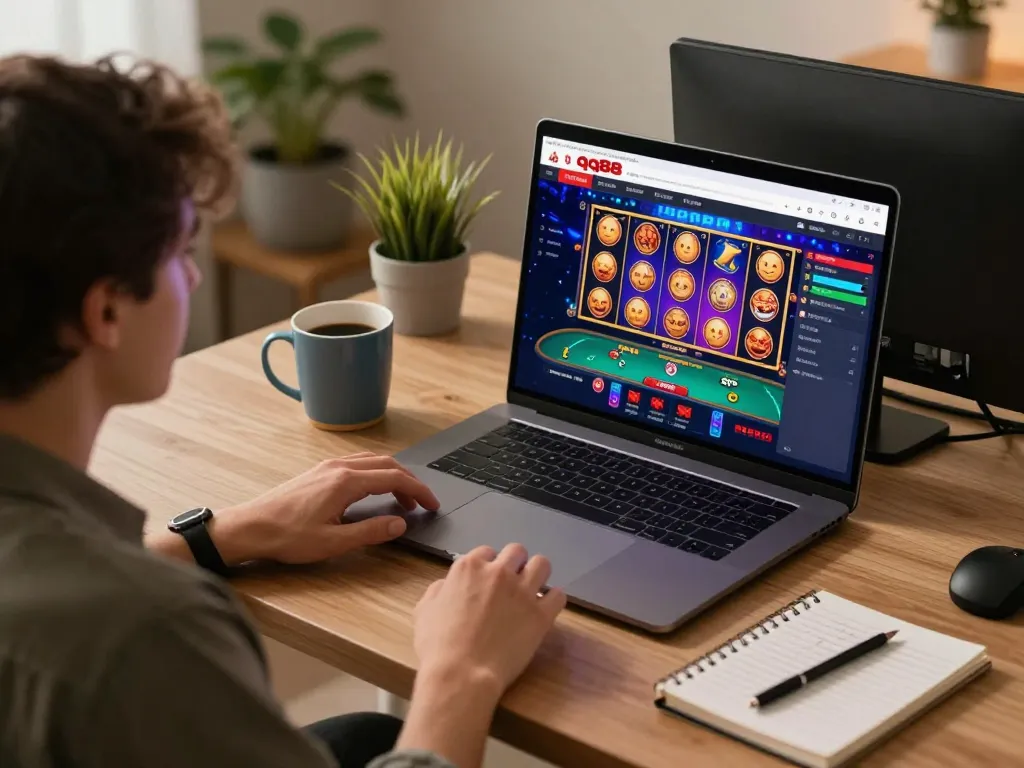 Player explores qq88 casino games online on a vibrant home laptop setup with cozy atmosphere