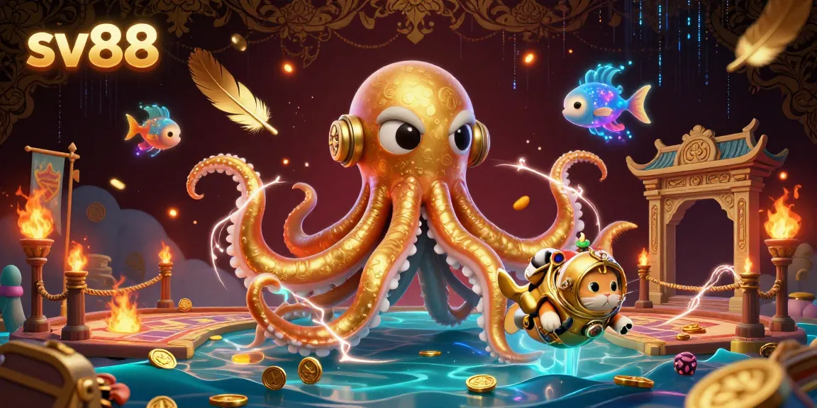 Play exciting games at sv88 with a giant kraken, diving cat, and deep-sea fish, immersive casino experience.
