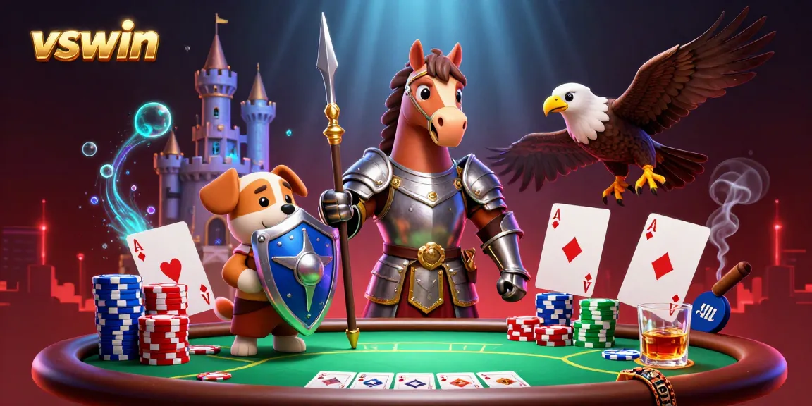 Experience thrilling gaming at VSWIN with a vibrant poker scene featuring a knight, squire, and falcon.