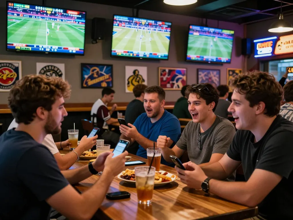 Experience F8BET in an exciting sports betting atmosphere with patrons engaged in lively matches.