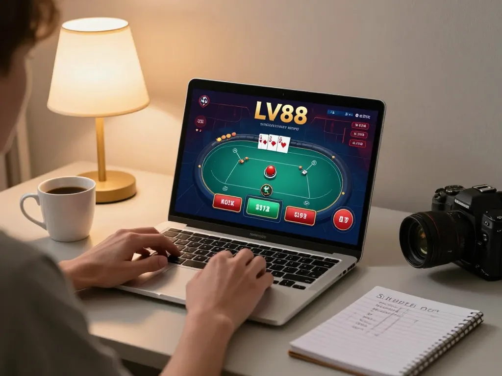 Player enjoying poker at LV88 online casino with strategy notes in cozy home setting