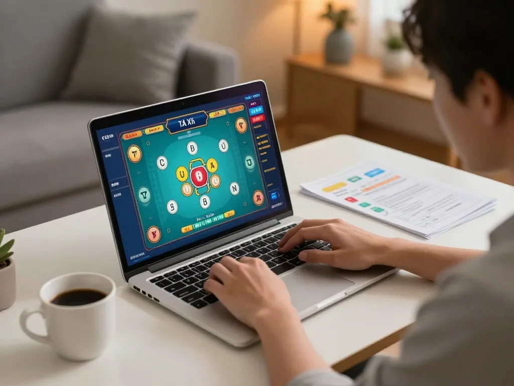 Tài Xỉu online gameplay display on a laptop while player focuses on strategy notes and coffee.