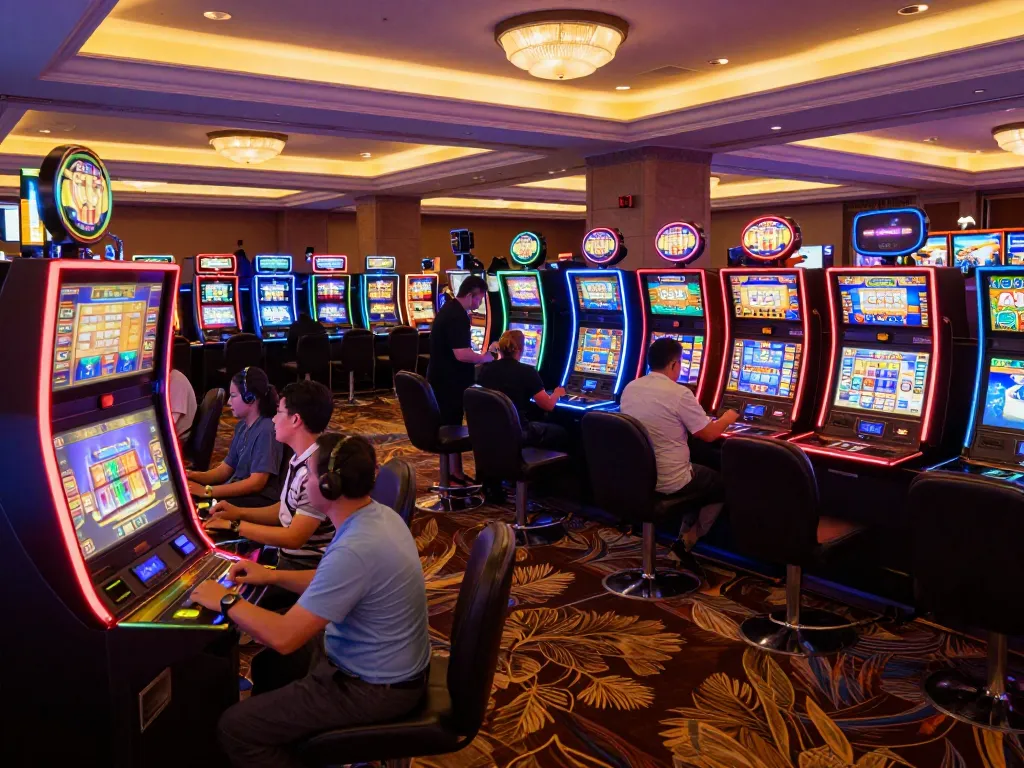 Players enjoying vibrant slot machines at nn88 casino, surrounded by colorful displays and lively atmosphere.
