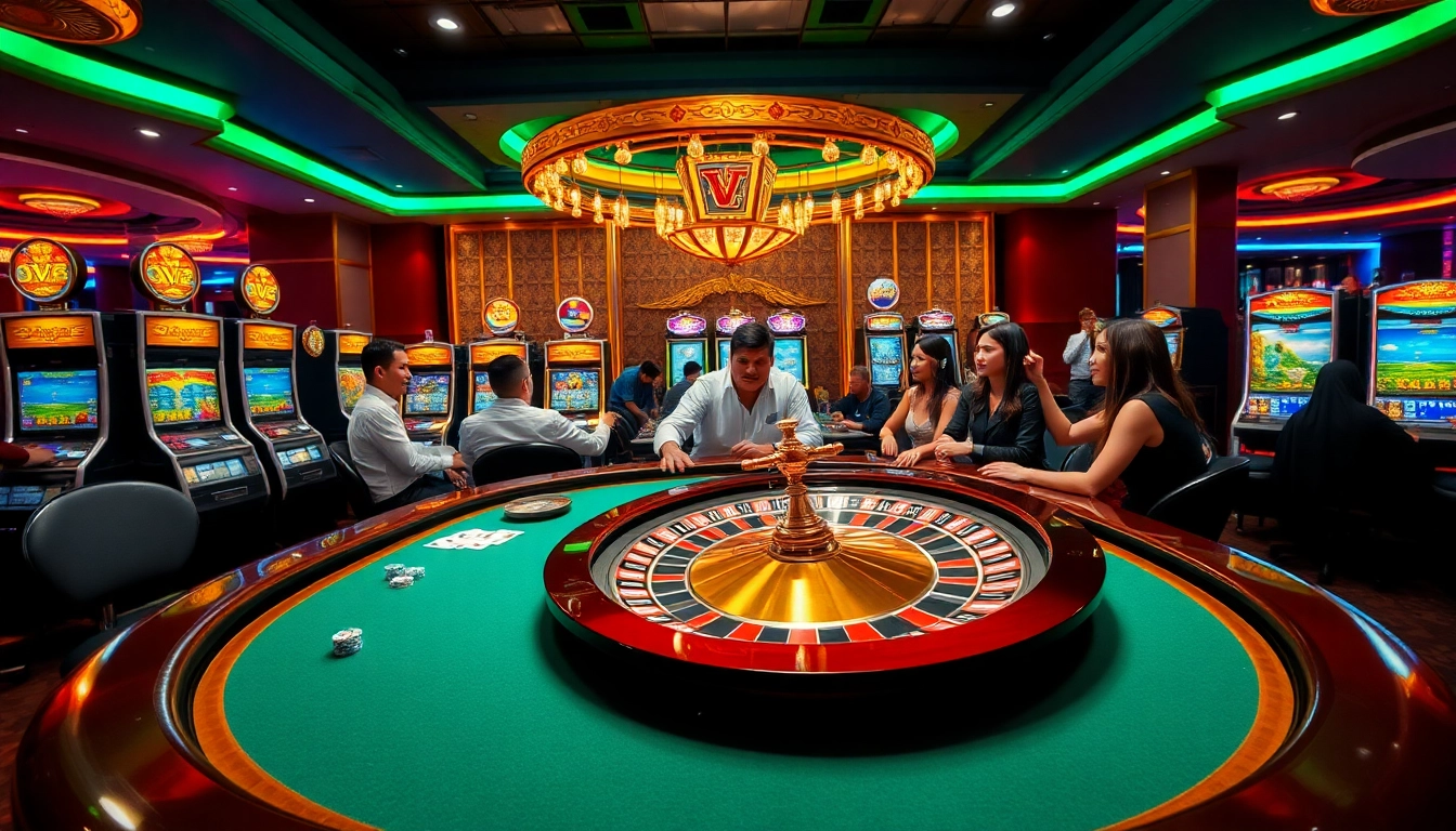 Experience the exciting atmosphere of VU88 casino with vibrant players at a poker table.