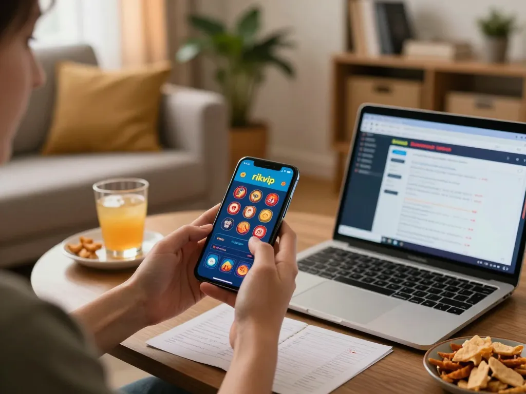 Engaging with the rikvip casino app on a smartphone in a cozy home setting while placing bets.