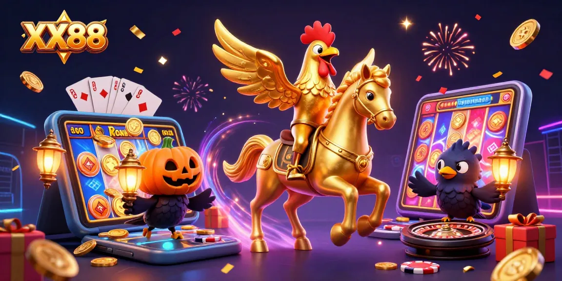 Engage with the dynamic world of XX88 featuring a golden rooster in a lively casino setting.
