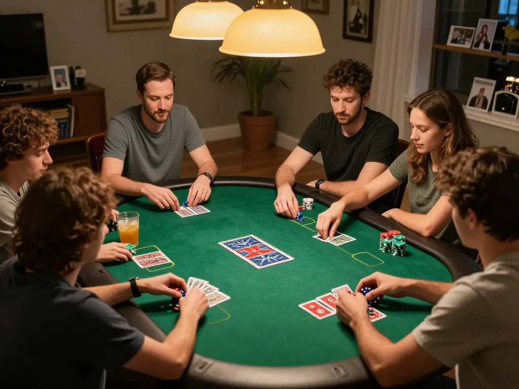 Engaged players enjoying 68wingame poker night with cards and chips in a cozy home