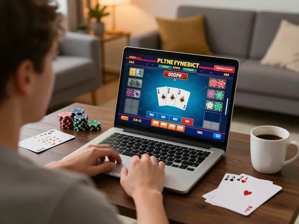 MM88 player enjoying a thrilling online poker game on a laptop at home, showcasing strategic gameplay.