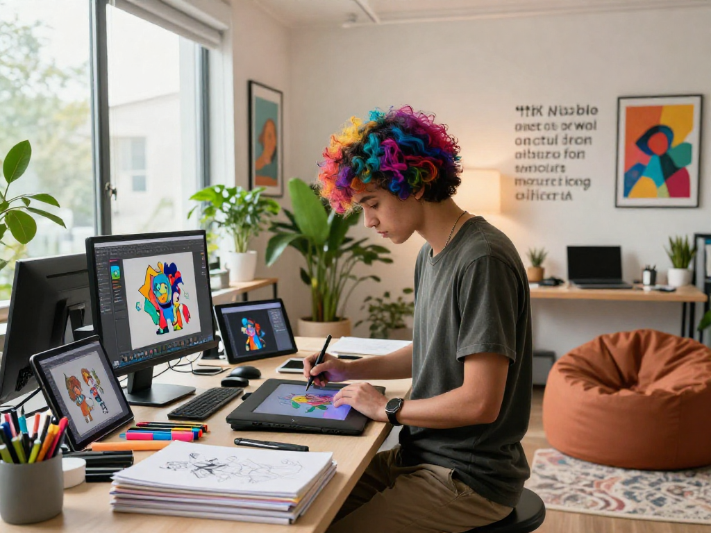 Artist creating vibrant character designs in a modern studio focusing on ia +18 creativity.