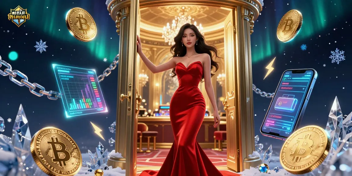 Experience ดูหนังออนไลน์ in a vibrant casino ambiance, featuring a stunning woman amid floating crypto elements.
