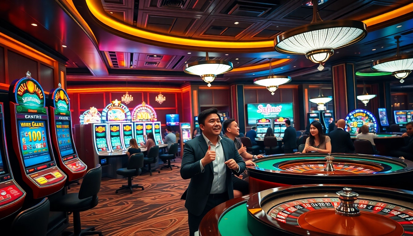 Exciting casino scene highlighting trang chủ kim88 elements with vibrant games and enthusiastic players.